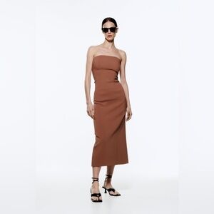 Zara Brown MIDI Bustier Dress strapless Bodycon women’s Size Large 10 12 14